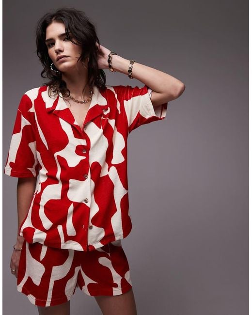 TOPSHOP Red Abstract Print Towelling Boxy Shirt Co-ord