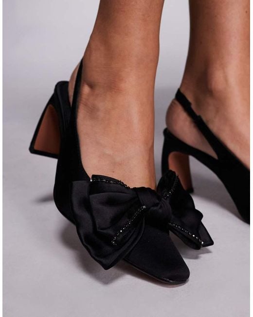 River Island Black Satin Embellished Bow Detail Low Court Heel