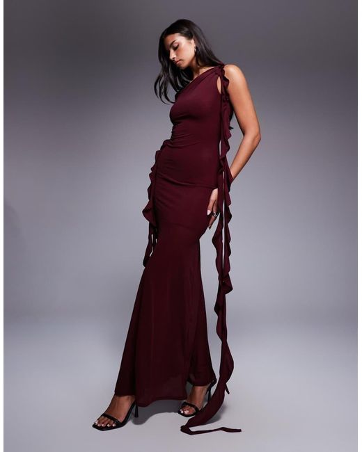 ASOS Purple Stretch Chiffon Maxi Dress With Cut-out And Ruffle Detail