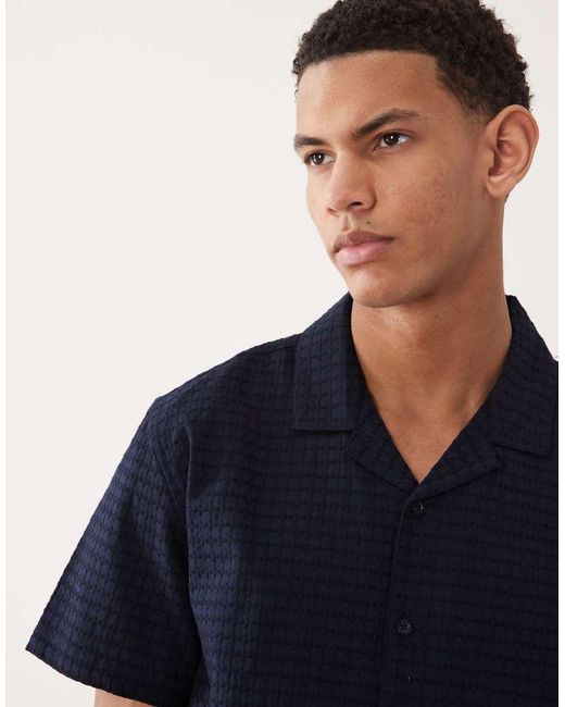 Brave Soul Blue Short Sleeve Textured Shirt With Revere Collar for men