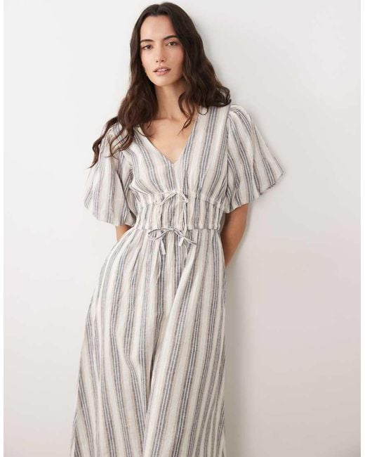 New Look Natural Stripe Puff Sleeve Midi Dress