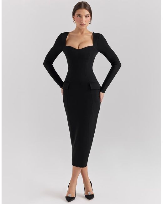 House Of Cb Black Ella Stretch Crepe Long Sleeve Midi Dress