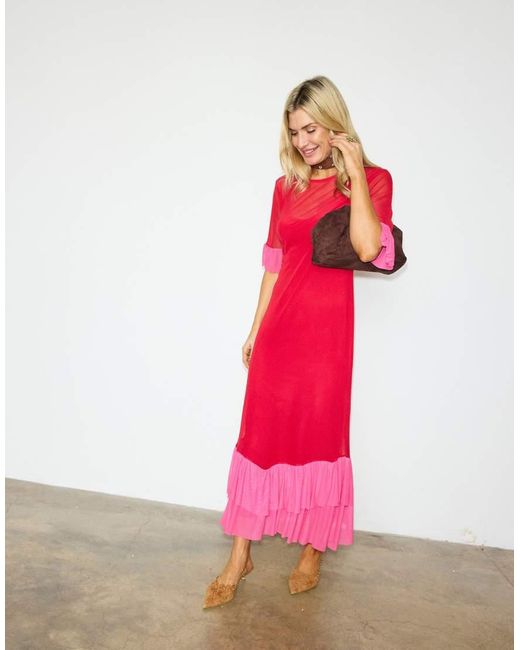 Never Fully Dressed Red Mesh Flutter Sleeve Ruffle Hem Midaxi Dress