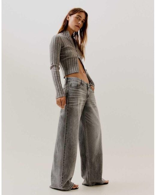 Bershka Gray Low-Rise Wide-Leg Jeans