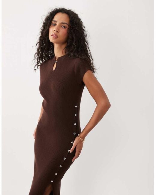 Miss Selfridge Brown Knitted Mandari Collar Midi Dress With Tie Side Detail