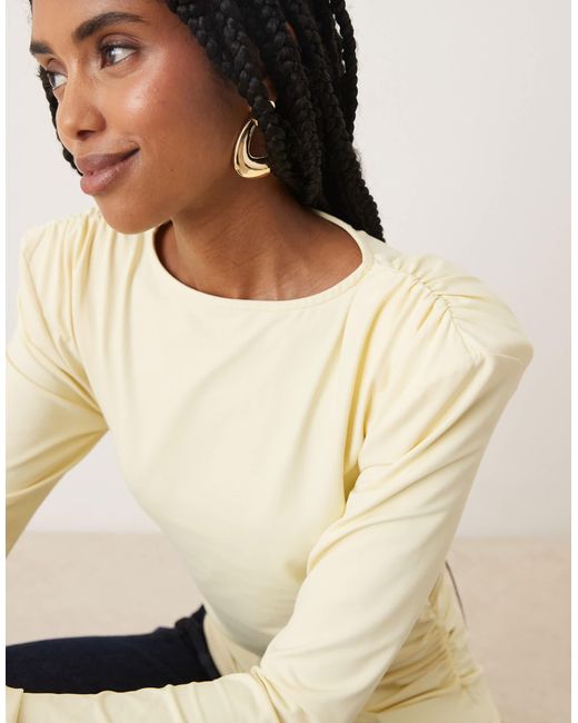 ASOS Natural Cupro Cinched Shoulder Pad Top With Long Sleeve Detail