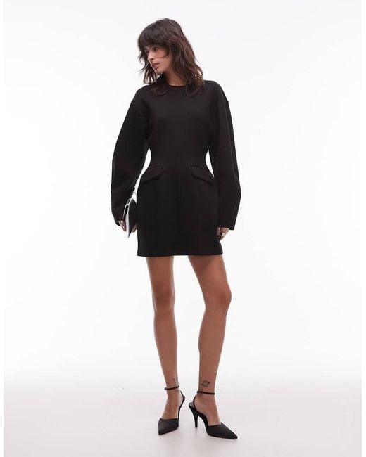 & Other Stories Black Sculpted Mini Dress With Volume Sleeves And Marked Waist