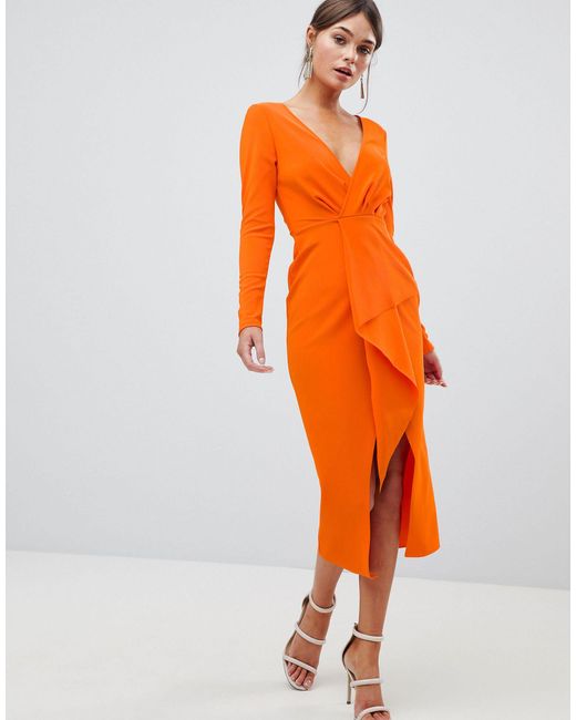ASOS Orange Long Sleeve Waterfall Deep Plunge Midi Dress