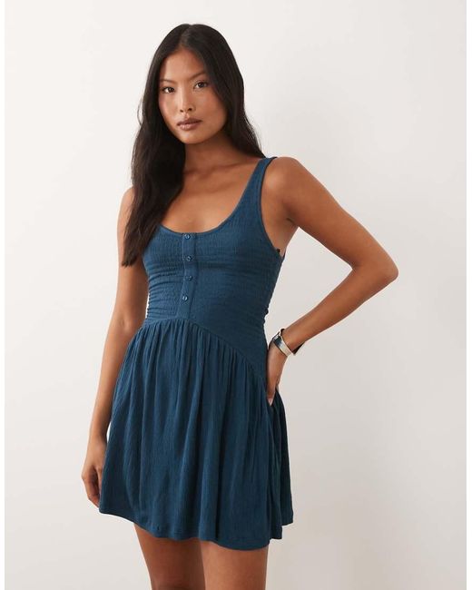 ASOS Blue Asos Design Petite Crinkle Button Through Mini Dress