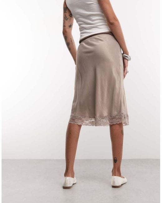 Reclaimed Vintage Natural Satin Awkward Length Skirt With Lace Trim