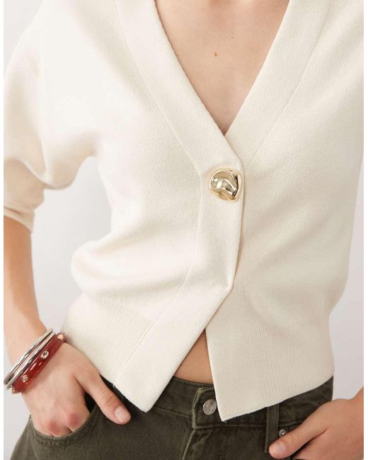 Mango White Short Sleeve Compact Knit Cardigan With Statement Button