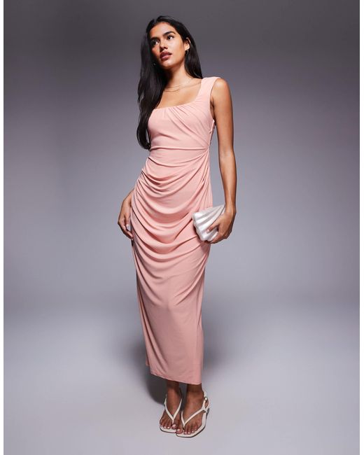 Robe mi-longue avec jupe drapée et encolure structurée à larges bretelles - clair ASOS en coloris Pink