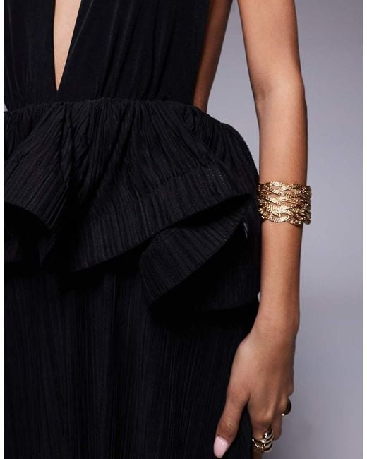 ASOS Black Premium Plunge Plisse Maxi Dress With Wired Trim Peplum