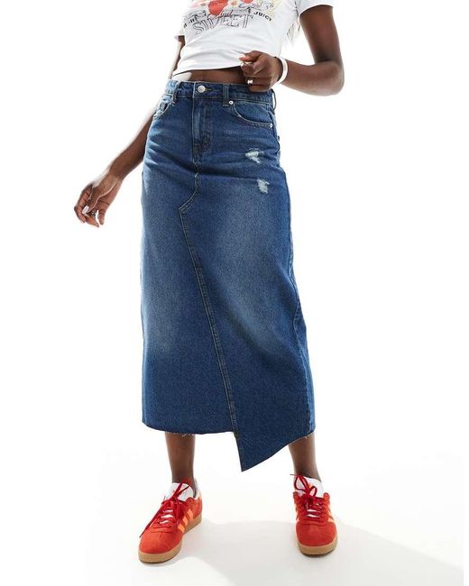Don't Think Twice Blue Dtt Ripped Raw Hem Denim Maxi Skirt