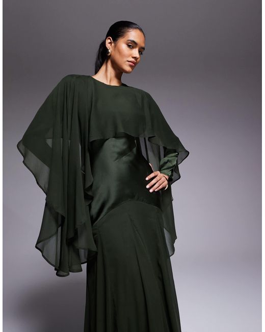 ASOS Black Cape Detail Ruffle Chiffon Satin Mix Maxi Dress