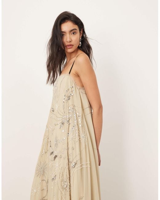 ARRANGE Natural Scatter Embellished Trapeze Maxi Dress With Cami Straps