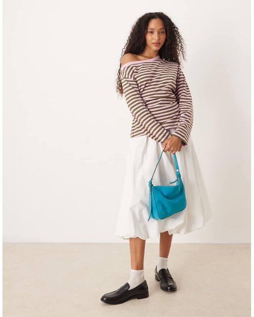 ASOS Multicolor Long Sleeve Off Shoulder Corset Waist Tee