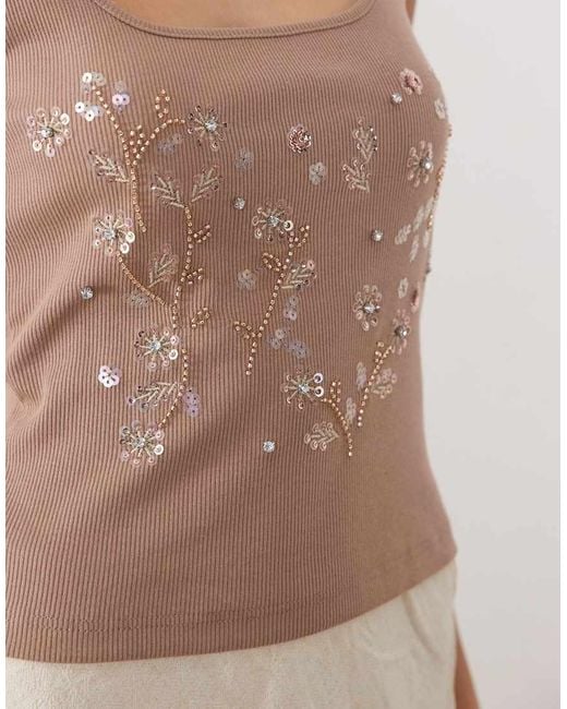 Miss Selfridge Natural Embellished Rib Square Neck Top