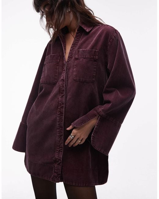 ASOS Red Cord Mini Shirt Dress With Wide Cuffs And Oversized Pockets