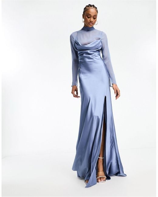ASOS Blue Asos Design Tall Satin Cowl Maxi Dress With Chiffon Layer