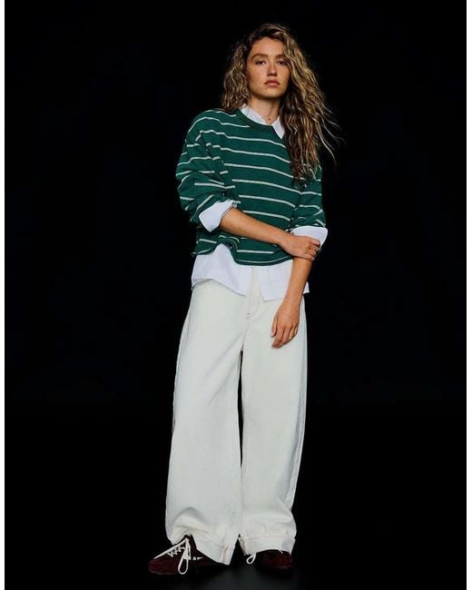 Bershka Green Striped Round Neck Sweatshirt