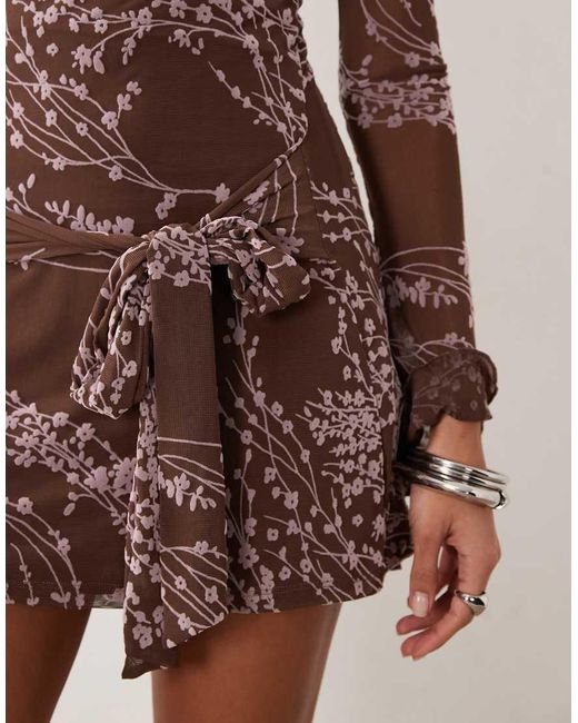 Motel Brown Salira Long Sleeve Tie Waist Mini Dress