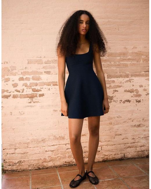 Bershka Blue Knitted Mini Dress With Flared Skirt