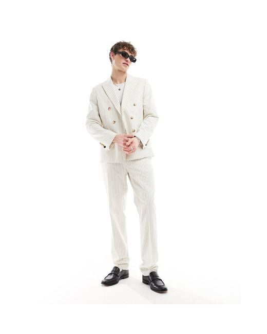 Twisted Tailor White Pinstripe Double Breasted Suit Jacket for men