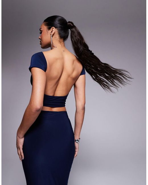 Kaiia Blue Exclusive Double Layered Slinky Boatneck Low Back Crop Top Co-ord