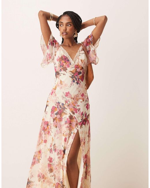 ASOS Natural Lace Insert Chiffon Midi Tea Dress
