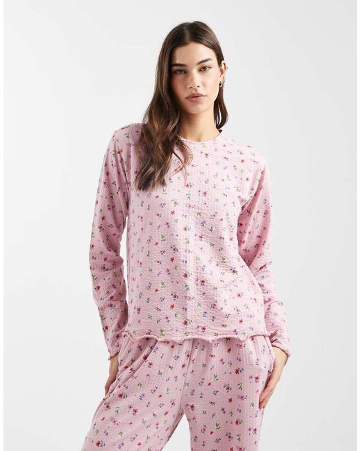 Threadbare Pink Long Sleeve Pyjama Set With Ditsy Floral Print