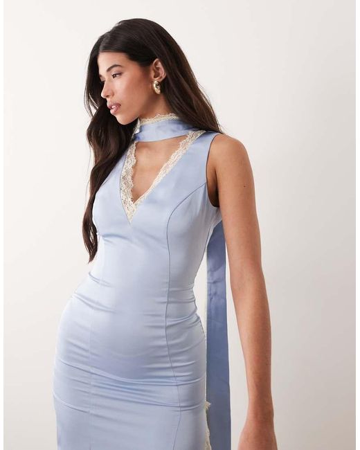 Kaiia Blue Exclusive Satin Contrast Lace Trim Scarf Detail V-Neck Thigh Split Maxi Dress