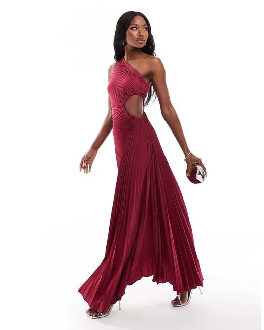 Aria Cove Red Exclusive Pleated One Shoulder Cut Out Maxi Dress