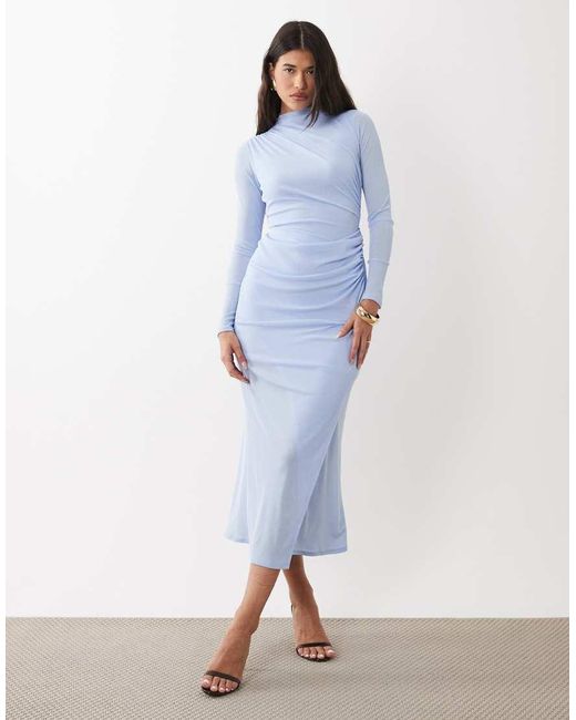 ASOS Blue Ruched Mesh High Neck Long Sleeve Midi Dress