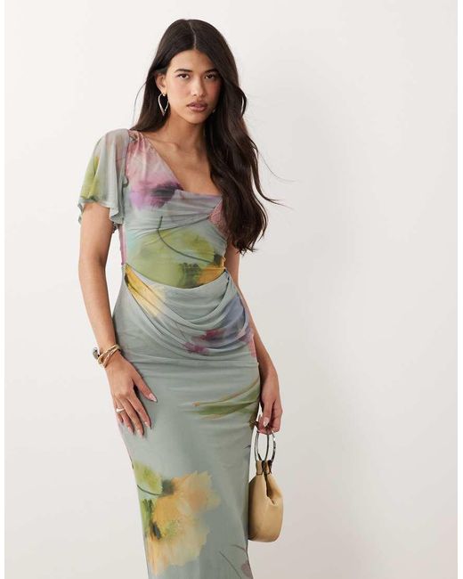 ASOS Blue Draped Mesh Asymmetric Sleeve Maxi Dress