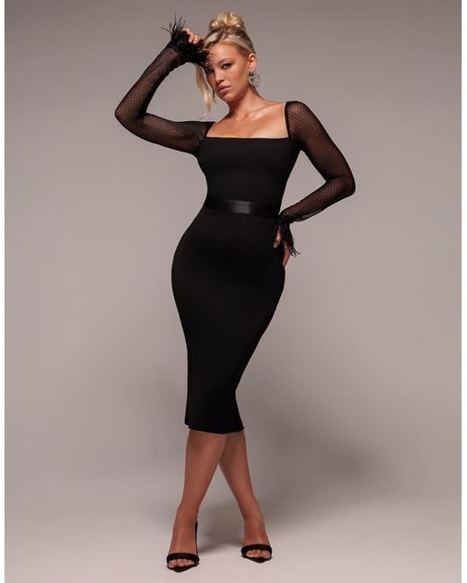 Goddiva Black Dobby Mesh Feather Sleeve Bodycon Midi Dress