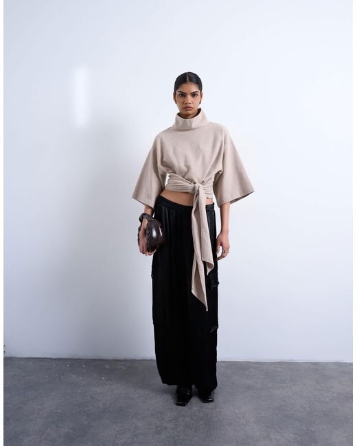 Top doux à col cheminée et taille nouée - taupe TOPSHOP en coloris Gray