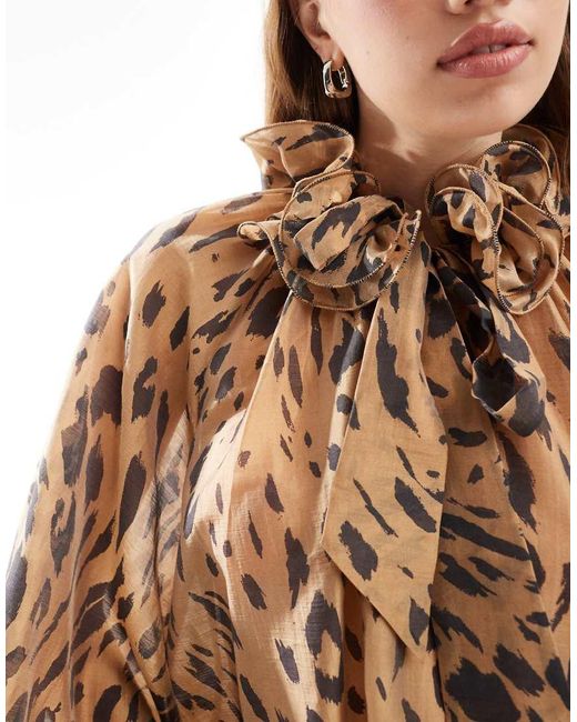 & Other Stories Brown Volume Blouse With Rose Corsage Tie Neck