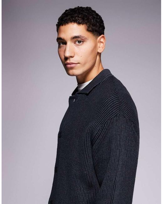 ADPT Blue Knit Cardigan With Collar for men