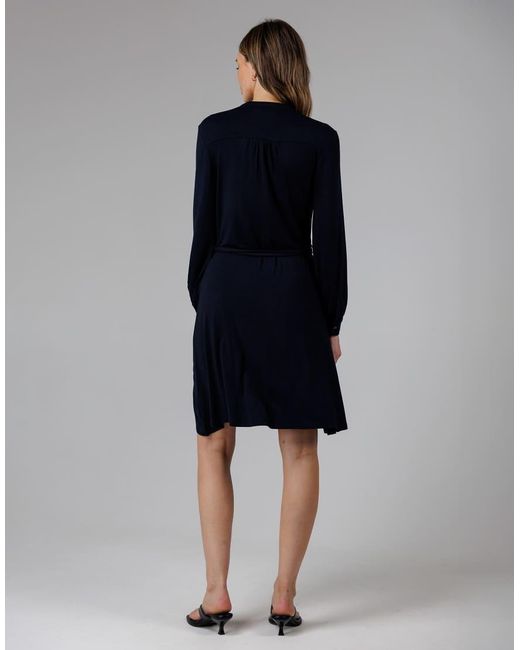 French Connection Blue Cotton Stretch Grandad Collar Long Balloon Sleeve Button Self-Tie Midi Dress