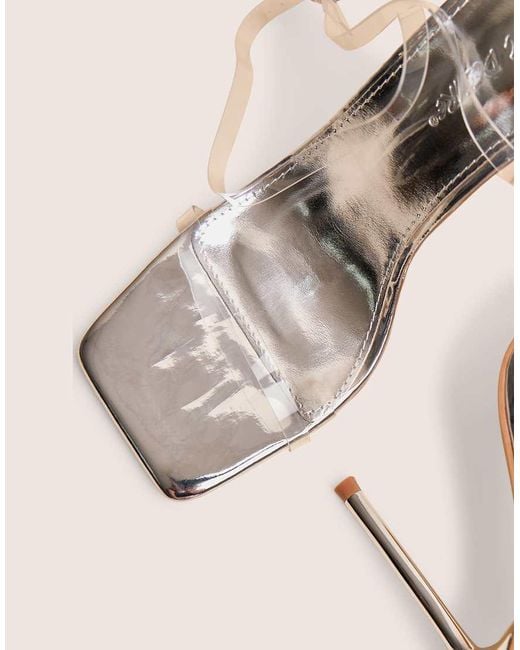 Public Desire Blue Rya Mirror Square Toe Strappy Barely There Stiletto High Heels