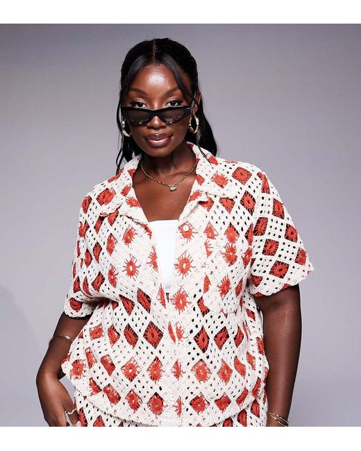 South Beach Red Crochet Short Sleeve Beach Shirt Co-ord