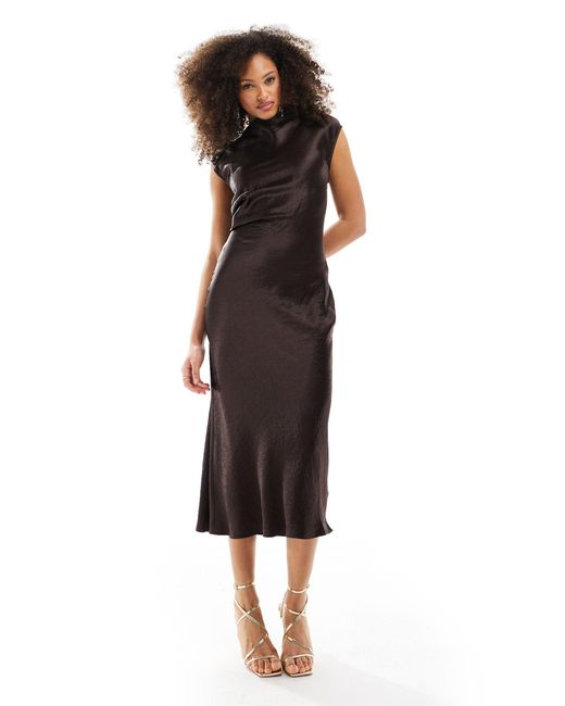 & Other Stories Black Bias Cut Satin Midi Dress With Drape Detail And Extended Shoulder