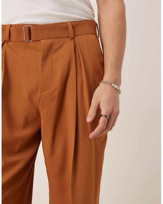 Pantalones De Vestir Color Óxido De Pernera Ancha Con Cinturón Y Pinzas De Tejido Efecto Lino De -Naranja ASOS de hombre de color Natural