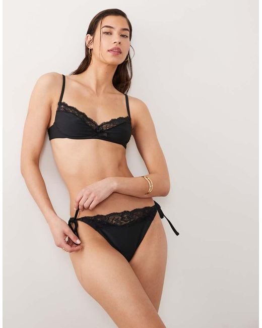 Miss Selfridge Black Lace Trim Tie Side Bikini Bottom