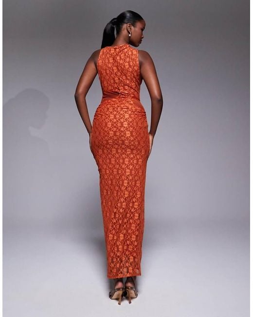ASOS Orange Lace Midi Dress With Cowl Draped Skirt And Mesh Cut Outs