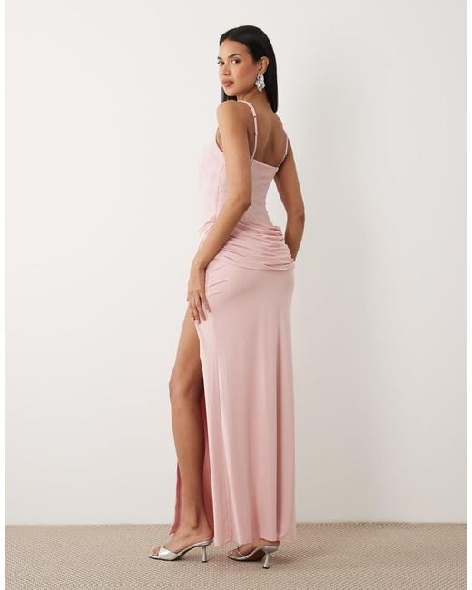 Oh Polly Pink Premium Square Neck Drape Waist Detail Maxi Dress