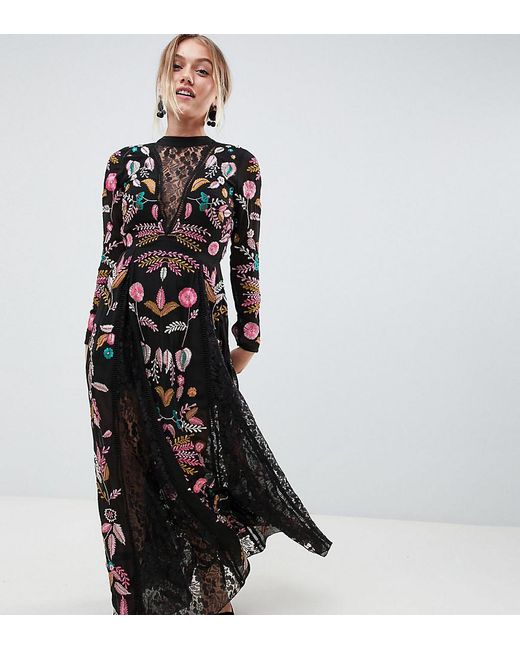 Frock and Frill Black Embroidered Maxi Dress With Lace Inserts