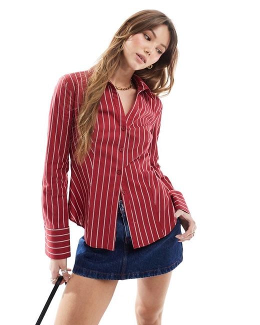 Miss Selfridge Red Wide Stripe Fitted Shirt
