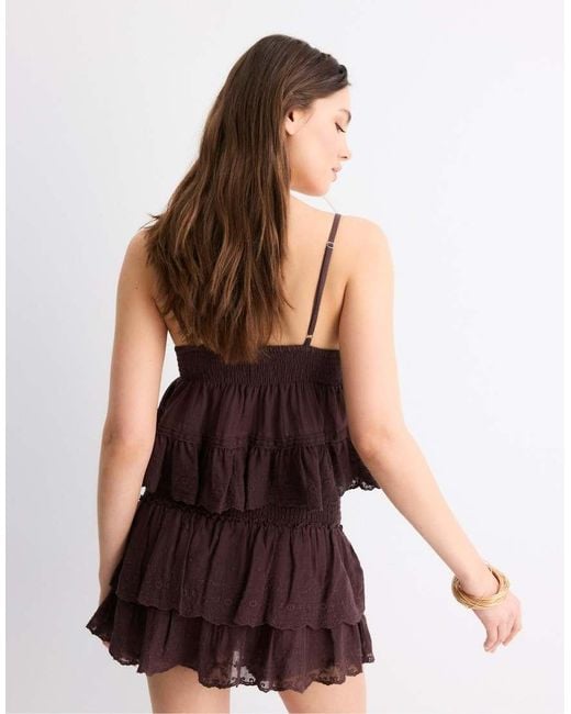 Stradivarius Brown Embroidered Flowing Strappy Top